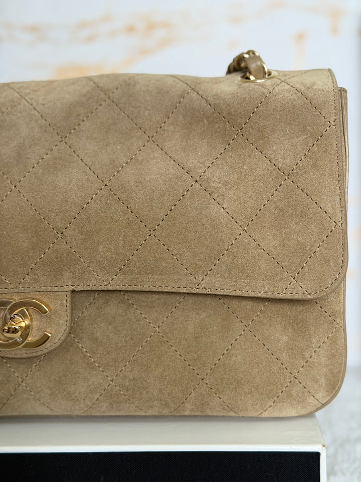 CHANEL 26S Beige Suede Leather LGHW Maxi Flap Bag 32 cms