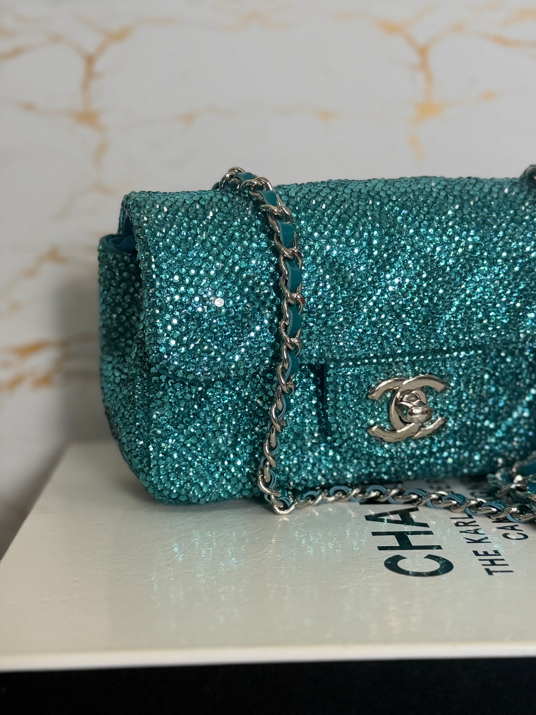CHANEL series 21 Turquoise Teal Green Blue Diamanté Swarovski Crystal Strasssd Extra Mini Flap Bag with SHW *unicorn* RARE