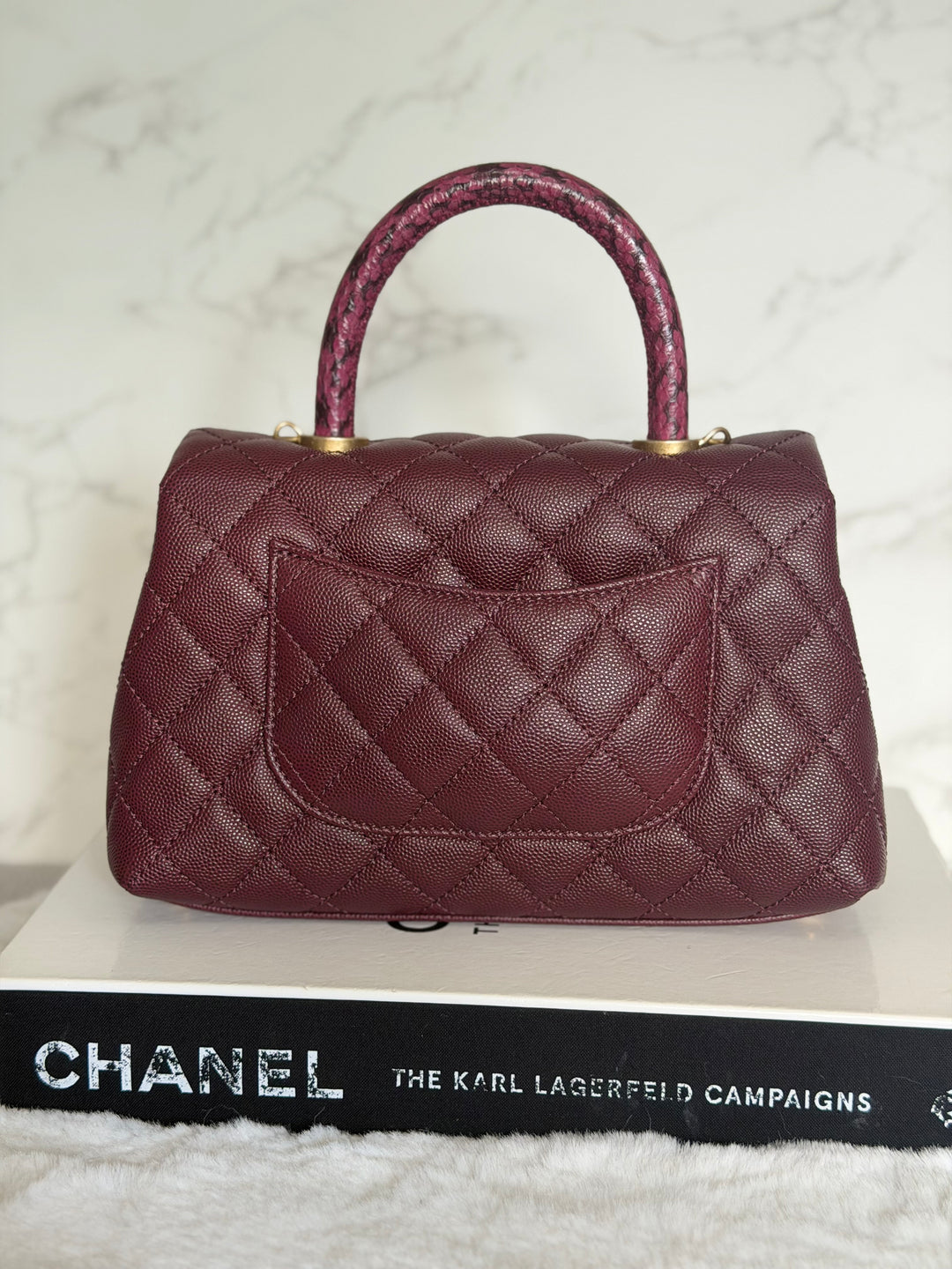 CHANEL series 26 Burgundy Caviar Aged GHW Coco Handle Flap Bag size SMALL with Pink sea snake handle 2018