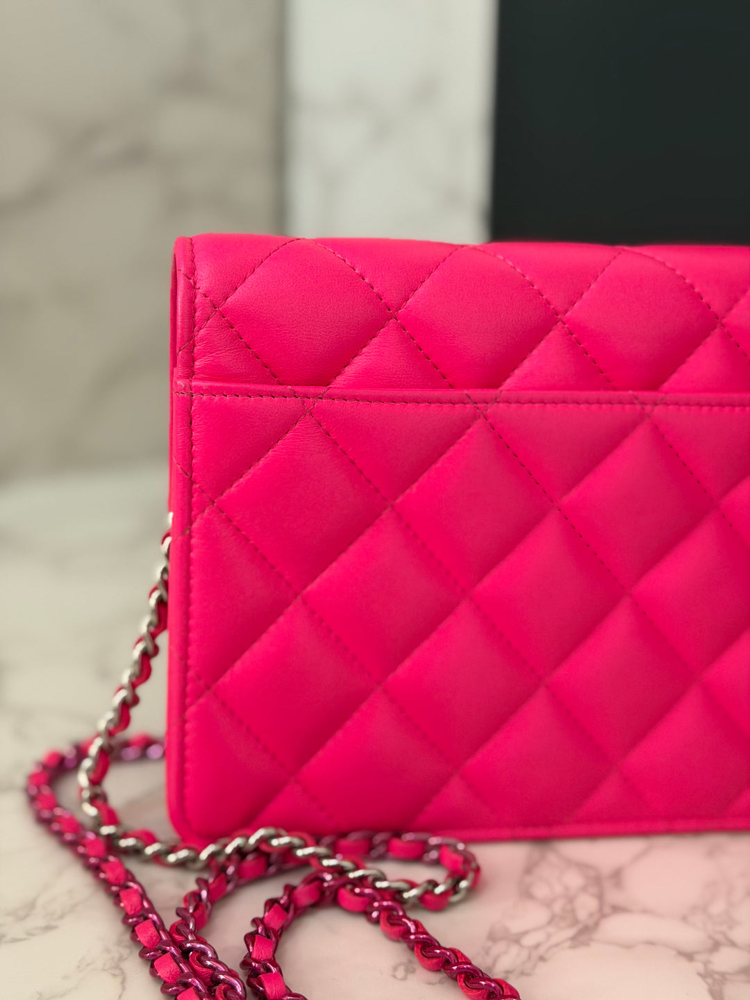 CHANEL 24C 2023/2024 Bright Hot Pink Ombré Hardware Square Wallet on Chain (WOC)