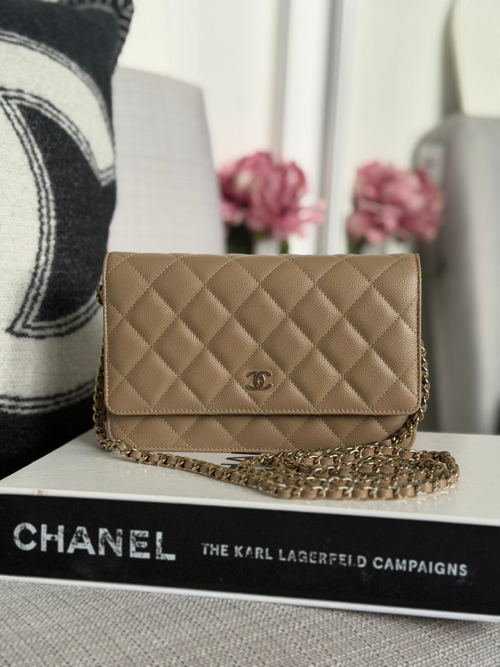 CHANEL 22A Dark Beige Caviar LGHW Classic Wallet on chain (WOC) 2023