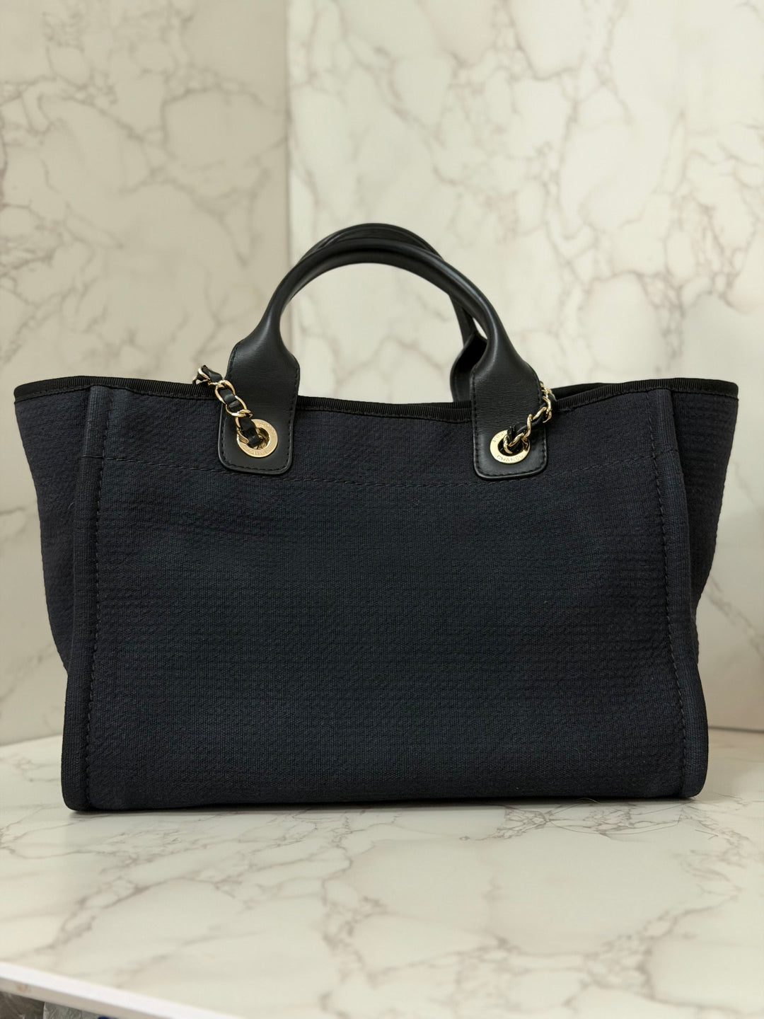 CHANEL 22B 2022 Black Tweed Deauville Tote size Small with Top Handle LGHW and Detachable Pouch