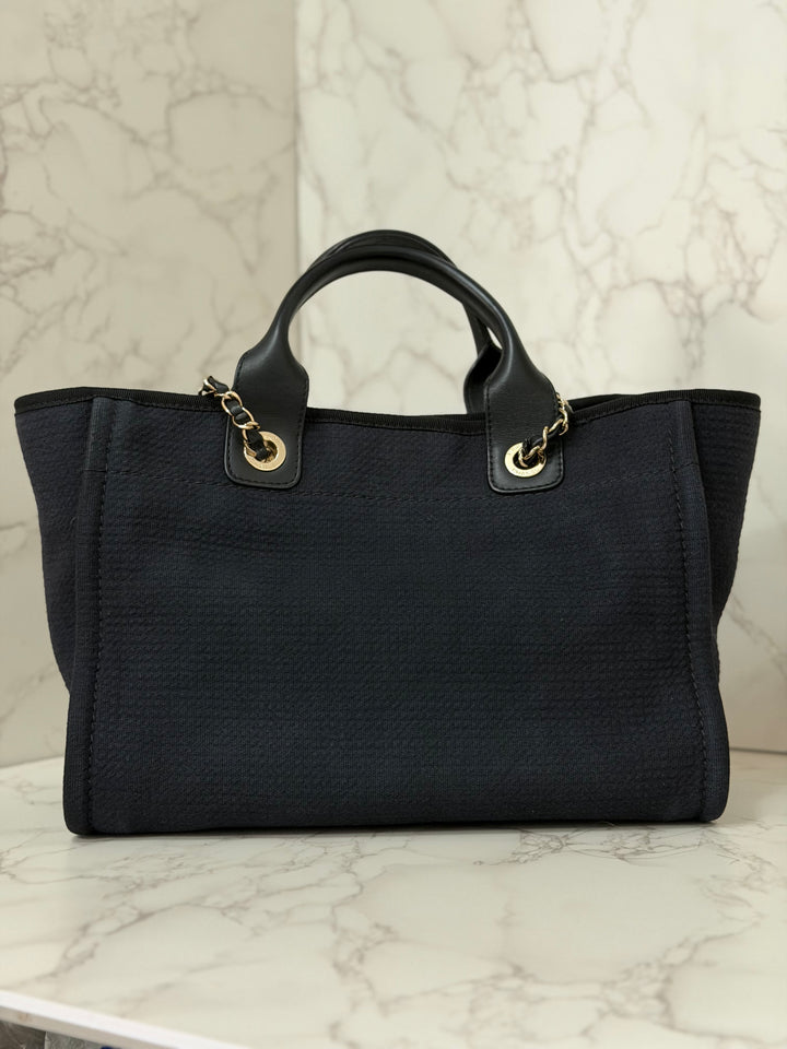 CHANEL 22B 2022 Black Tweed Deauville Tote size Small with Top Handle LGHW and Detachable Pouch