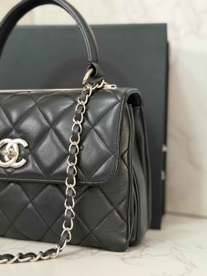 CHANEL series 24 Black Lambskin Silver HW Trendy CC Top Handle Flap Bag with Top Handle and detachable chain