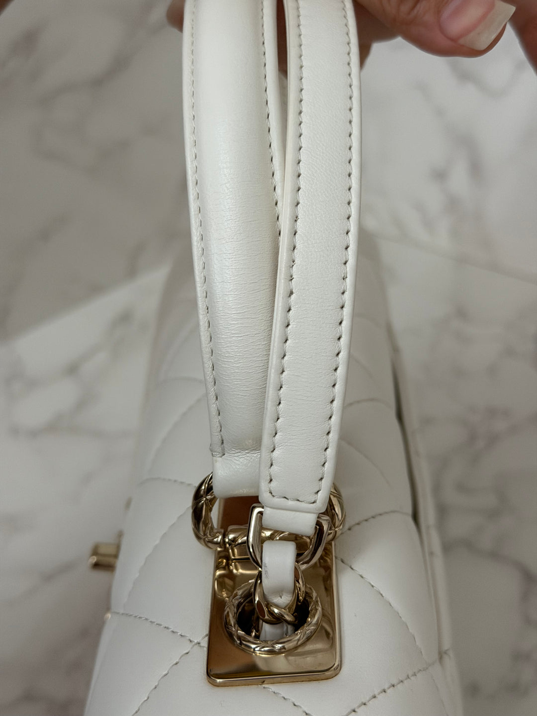 CHANEL 23S collection 2023 White Lambskin LGHW Trendy CC Flap Bag size Small with raised CHANEL Engraved Plate Top Handle