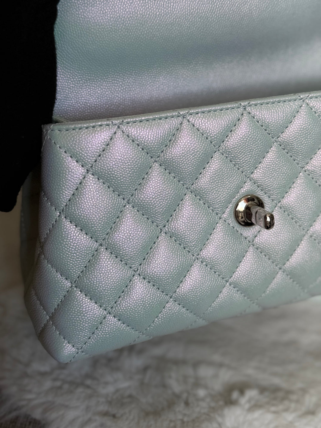 CHANEL 21K iridescent Light Blue Caviar Rainbow and shiny SHW Coco Handle Flap Bag size Small 2021