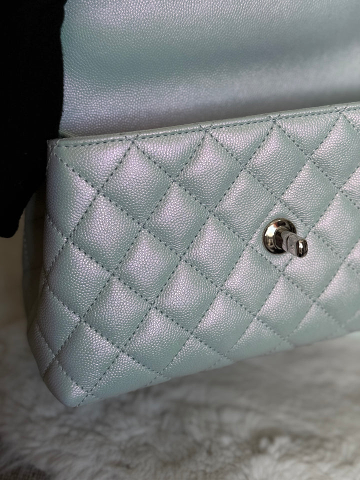 CHANEL 21K iridescent Light Blue Caviar Rainbow and shiny SHW Coco Handle Flap Bag size Small 2021