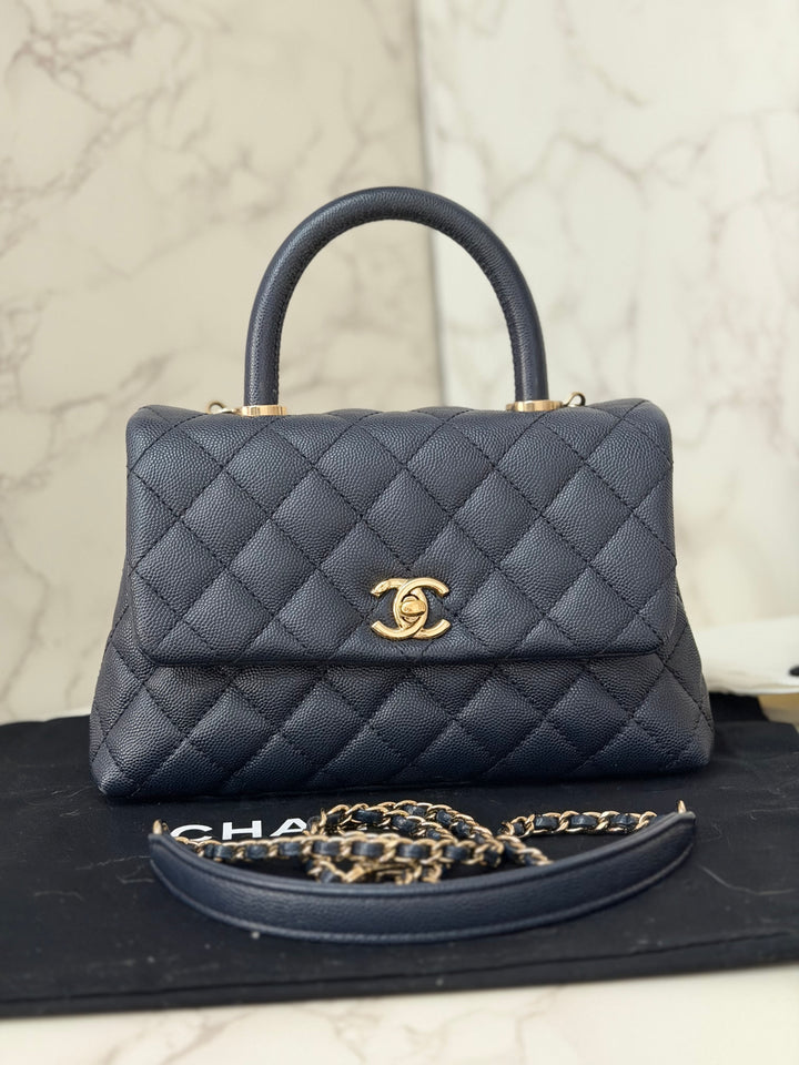 CHANEL series 30 2020 Navy Blue Caviar LGHW Small Coco Handle Flap Bag with Detachable Strap