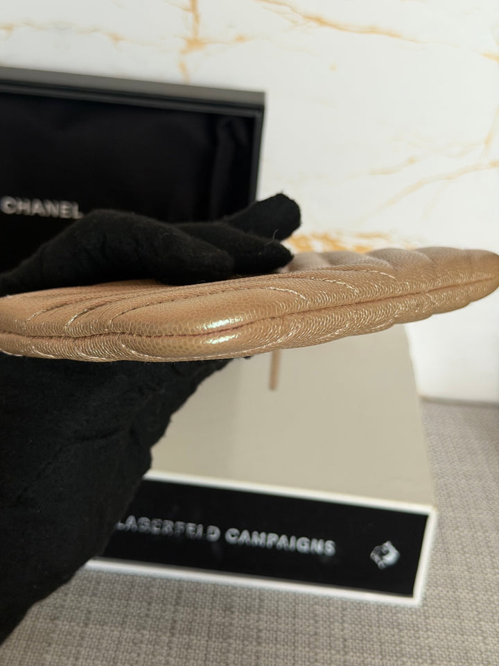 CHANEL series 27 Rose Gold Iridescent Caviar Chevron SHW Mini O Case Pouch 15 cms