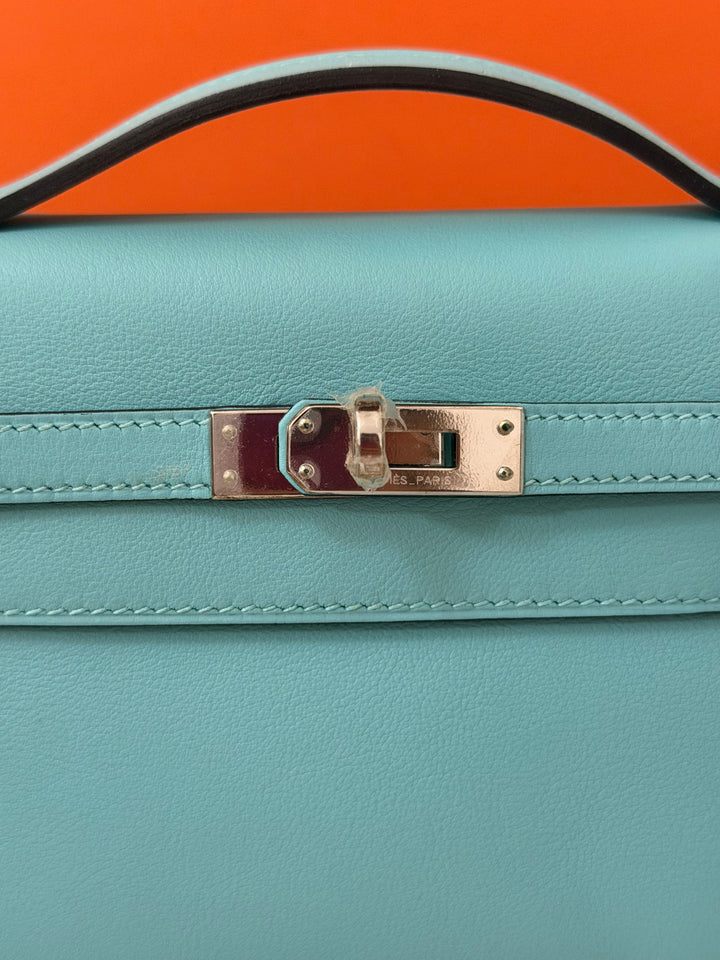 Hermès Kelly Pochette Swift Leather in Bleu Atoll 3P PHW Palladium Hardware Stamp T