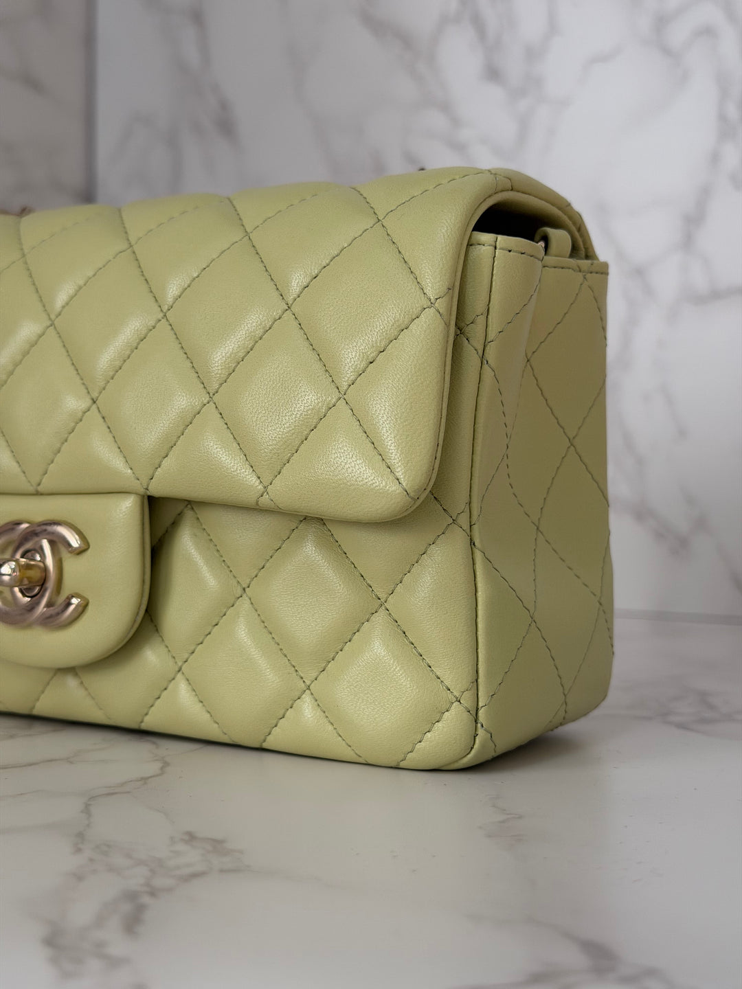 CHANEL 23C Collection 2022/2023 Cruise Pistachio Green Lambskin Mini Rectangular Flap Bag with Champagne GHW