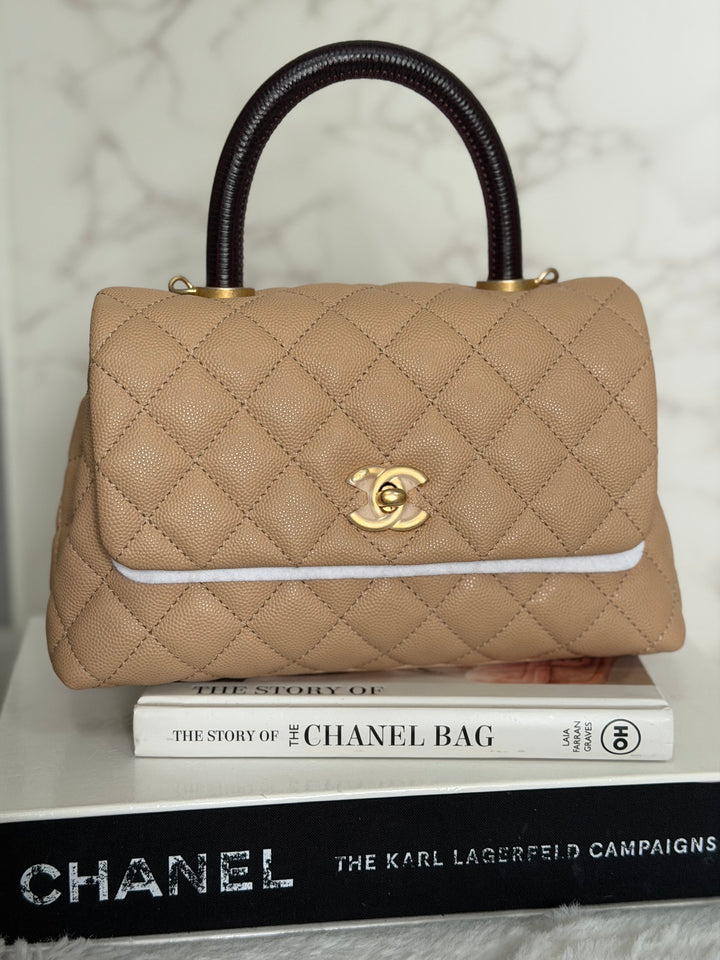 CHANEL series 29 Beige Caviar Aged GHW Deep burgundy Lizard Handle Coco Handle size Small 2019/2020