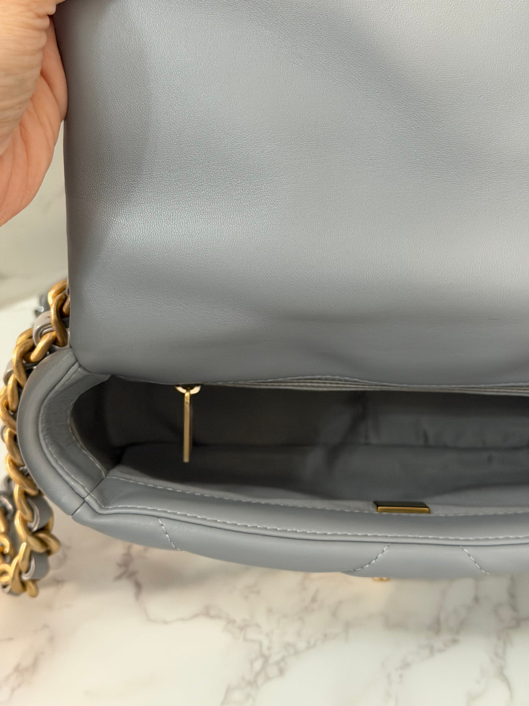 CHANEL 19 size Small Grey Lambskin Mixed Hardware 21B 2021 Flap Bag with Top Handle