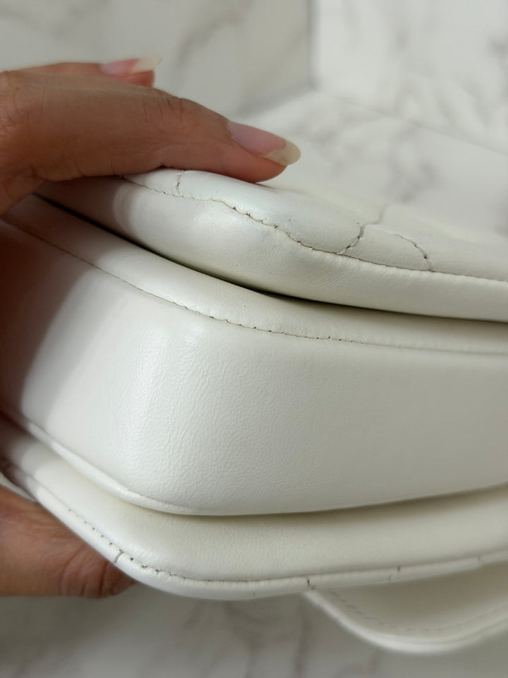 CHANEL 23S collection 2023 White Lambskin LGHW Trendy CC Flap Bag size Small with raised CHANEL Engraved Plate Top Handle