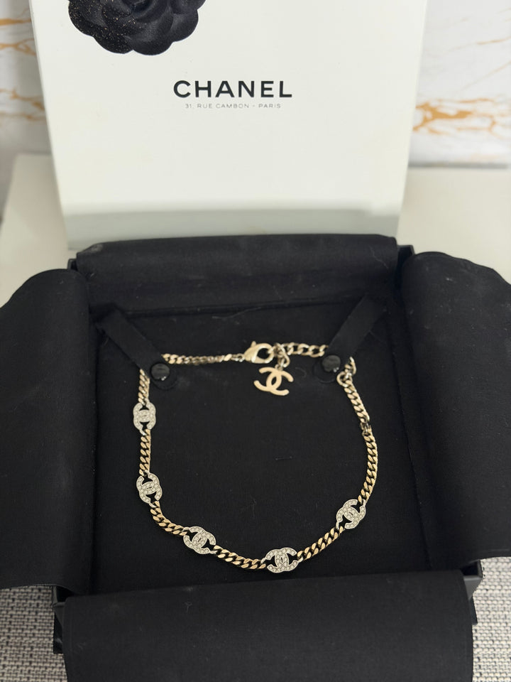 CHANEL Crystal CC Choker Necklace in Silver and Light Gold Hardware