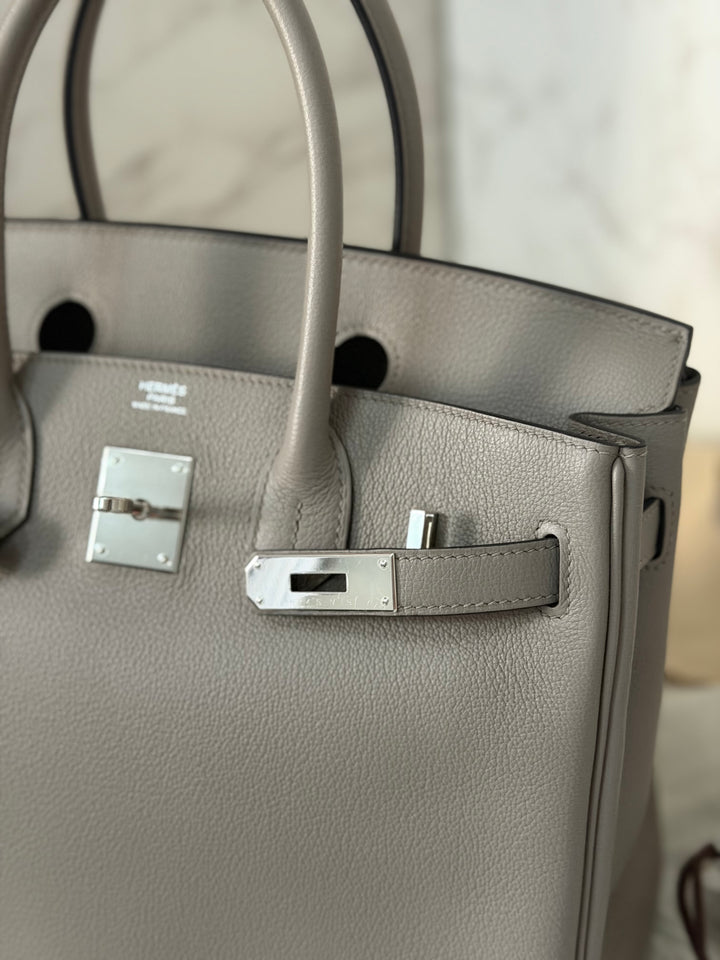 HERMES Gris Asphalt Leather Birkin 30 Bag Palladium Hardware Stamp D 2019
