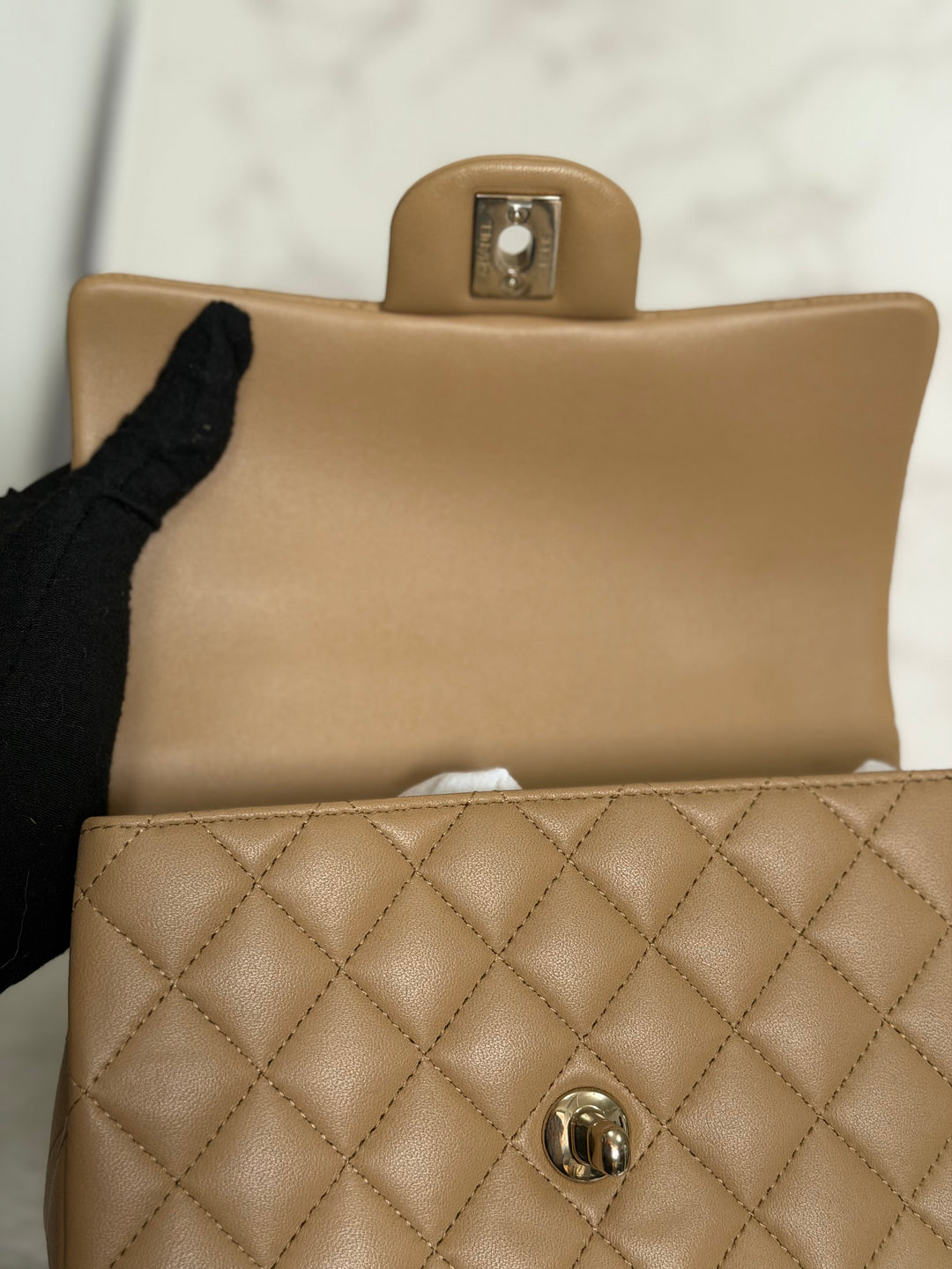 CHANEL Dark Beige Lambskin LGHW Mini Rectangular Flap Bag with Top Handle 2023