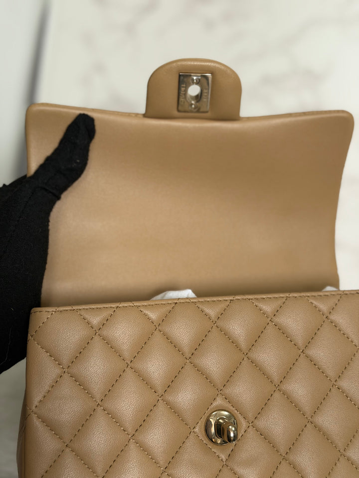 CHANEL Dark Beige Lambskin LGHW Mini Rectangular Flap Bag with Top Handle 2023
