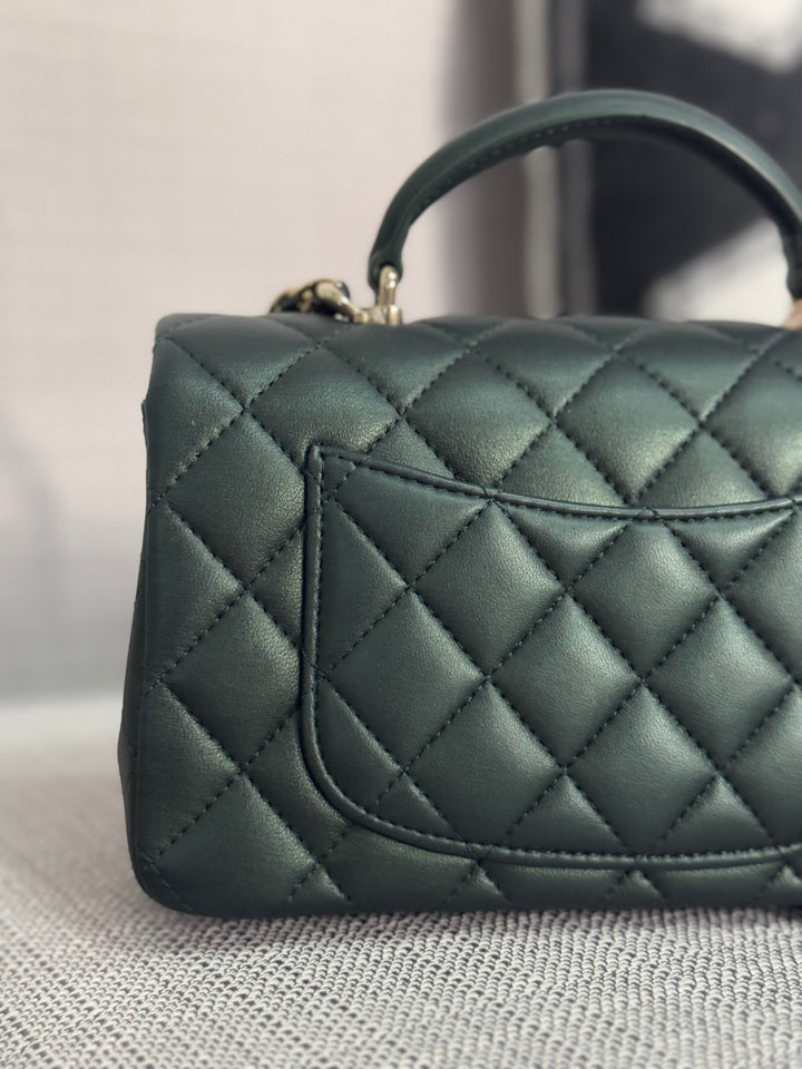 Chanel Iridescent Dark Green Lambskin Mini Rectangular Flap Bag with Top Handle and Champagne GHW