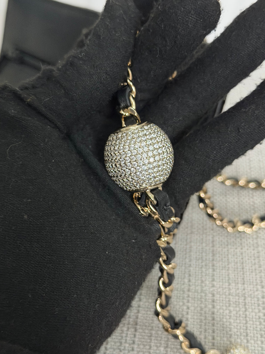 CHANEL 2025 Black Velvet Crystal Pearl Crush Adjustable Strap Wallet on Chain (WOC)