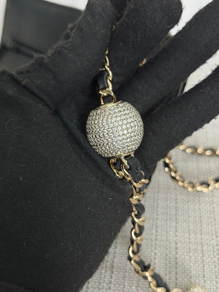 CHANEL 2025 Black Velvet Crystal Pearl Crush Adjustable Strap Wallet on Chain (WOC)