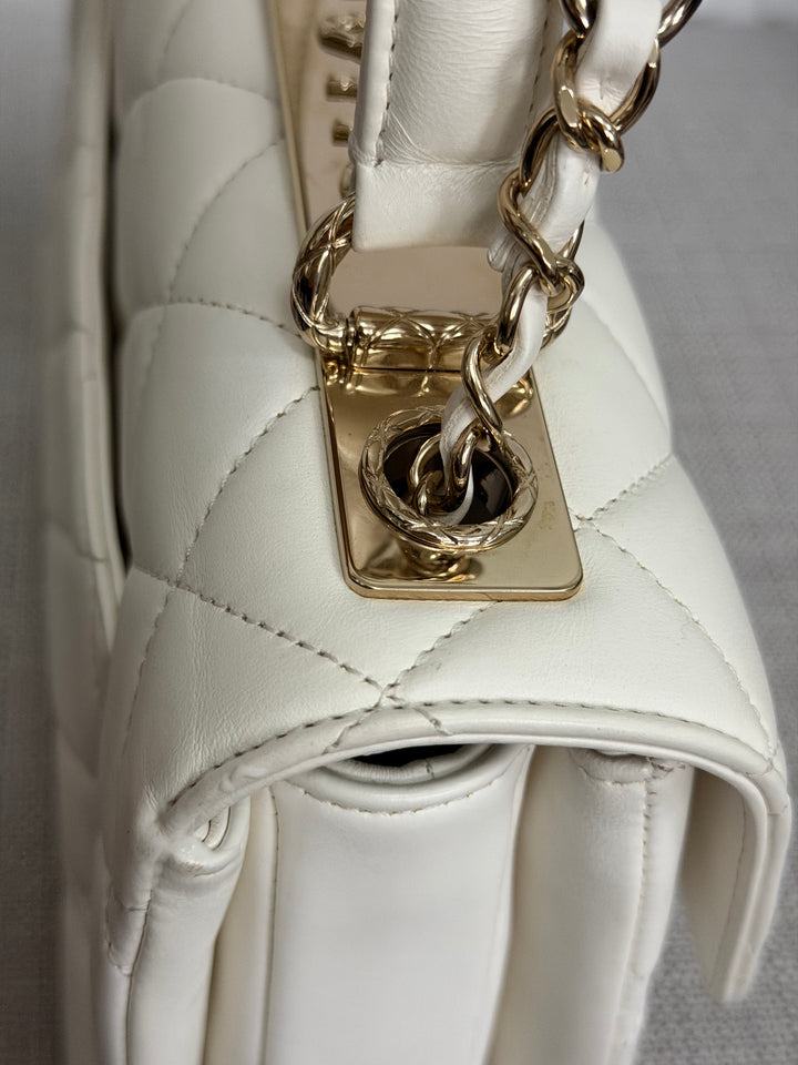 CHANEL 23S collection 2023 White Lambskin LGHW Trendy CC Flap Bag size Small with raised CHANEL Engraved Plate Top Handle