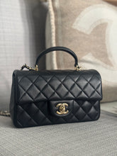 Load image into Gallery viewer, Chanel Black Lambskin Top Handle Mini Rectangular Flap Bag with Champagne GHW
