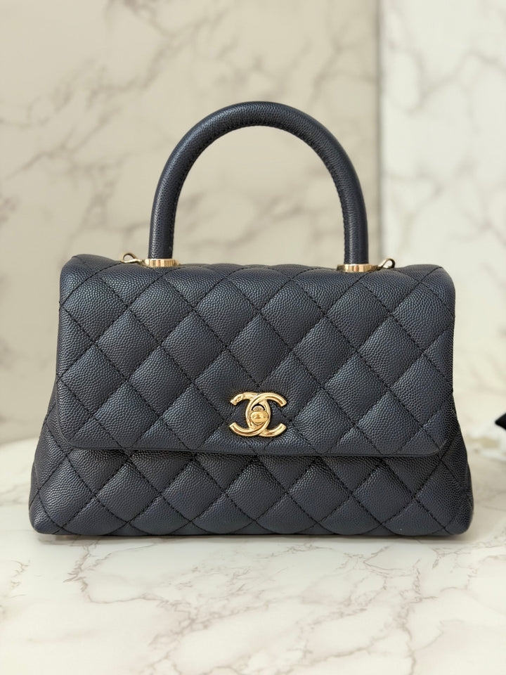 CHANEL series 30 2020 Navy Blue Caviar LGHW Small Coco Handle Flap Bag with Detachable Strap