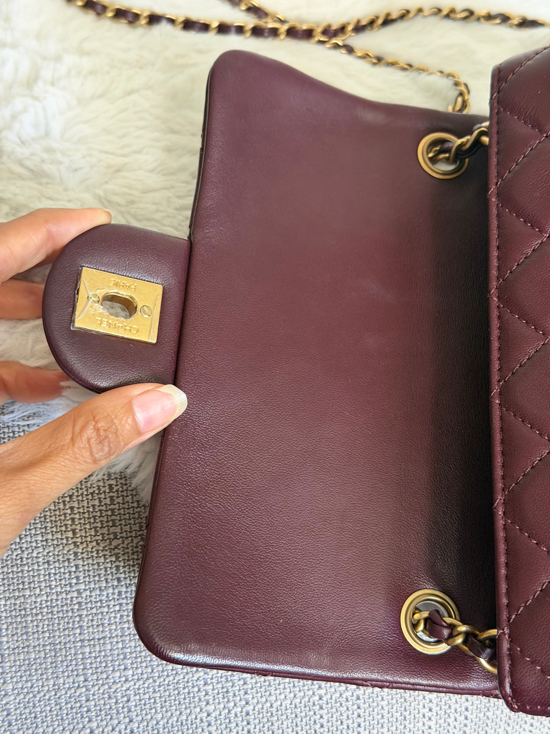 CHANEL 21B Burgundy Lambskin Aged GHW Pearl Crush Mini Rectangular Flap Bag 2021