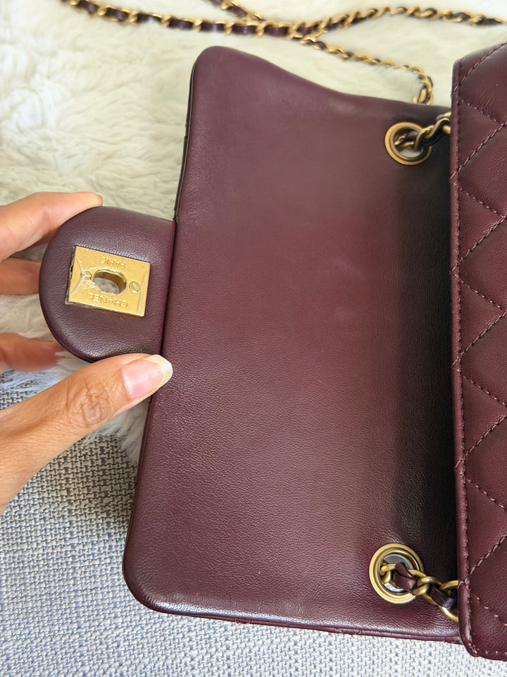 CHANEL 21B Burgundy Lambskin Aged GHW Pearl Crush Mini Rectangular Flap Bag 2021