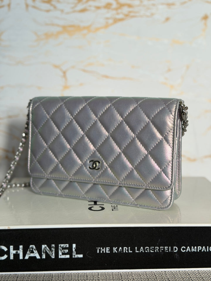 CHANEL Silver Lambskin SHW Classic Wallet on Chain (WOC) 2022
