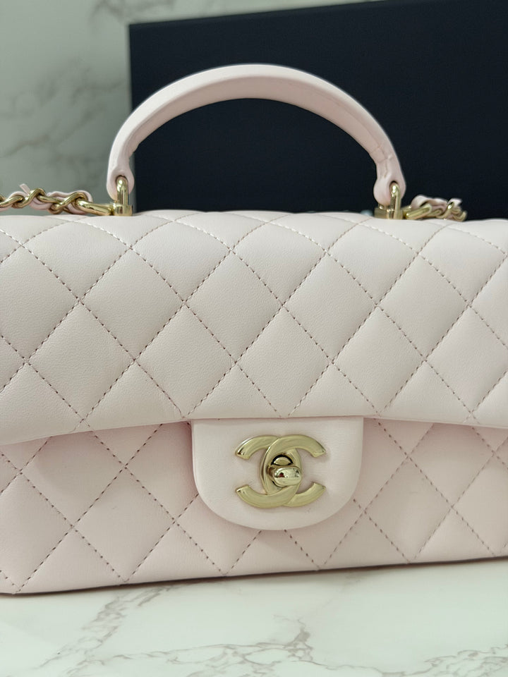 CHANEL 22P 2022 Sakura Light Pink Lambskin LGHW Mini Rectangular Flap Bag with Top Handle