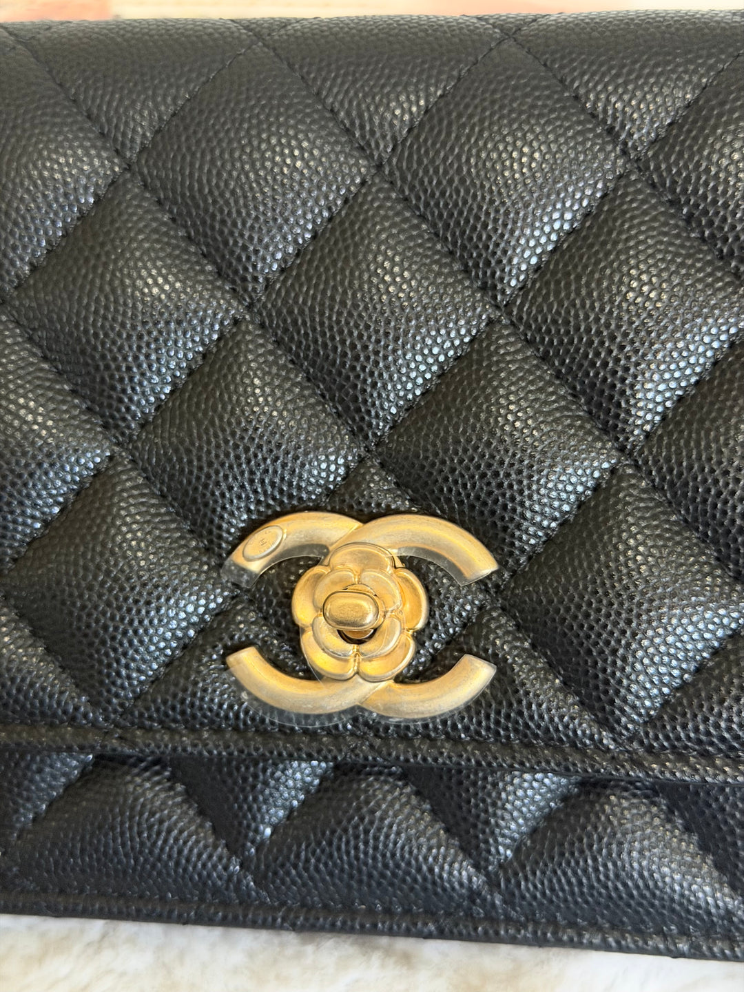 CHANEL Camellia Turnlock Black Lambskin Brushed GHW Classic Wallet on Chain (WOC) microchip 2023