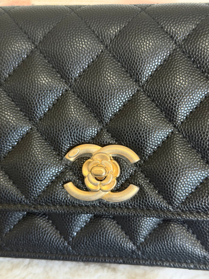 CHANEL Camellia Turnlock Black Lambskin Brushed GHW Classic Wallet on Chain (WOC) microchip 2023