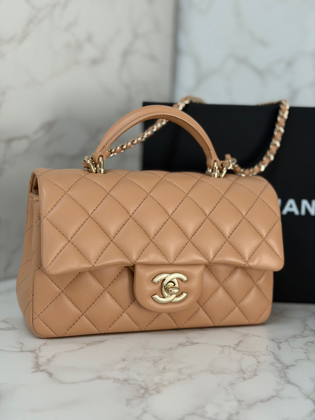 CHANEL 23K 2023 Dark Beige NR649 Lambskin LGHW Mini Rectangular Flap Bag with Top Handle