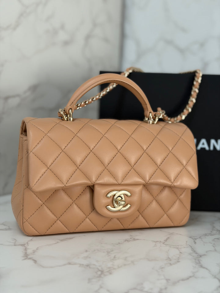 CHANEL 23K 2023 Dark Beige NR649 Lambskin LGHW Mini Rectangular Flap Bag with Top Handle