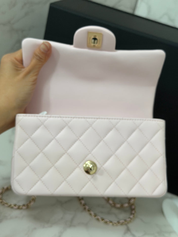 CHANEL 22P 2022 Sakura Light Pink Lambskin LGHW Mini Rectangular Flap Bag with Top Handle