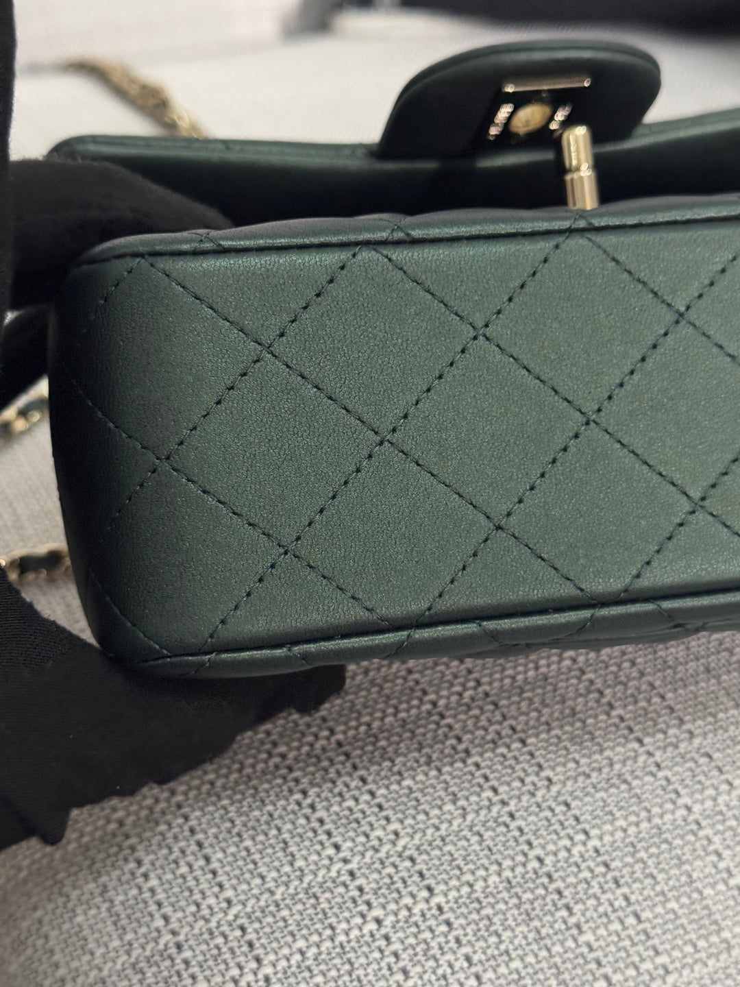 Chanel Iridescent Dark Green Lambskin Mini Rectangular Flap Bag with Top Handle and Champagne GHW
