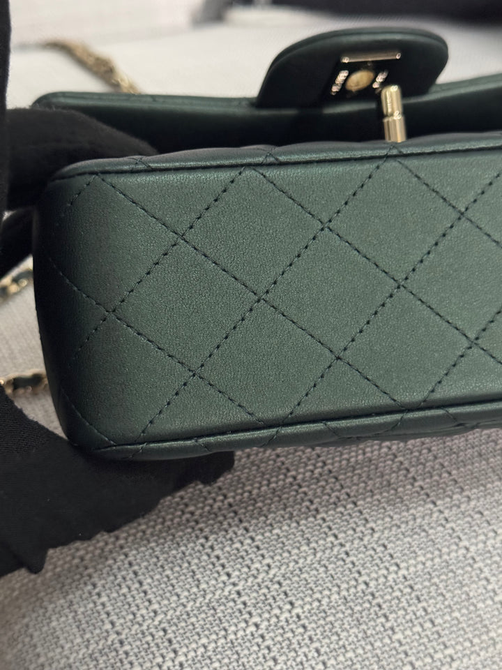 Chanel Iridescent Dark Green Lambskin Mini Rectangular Flap Bag with Top Handle and Champagne GHW