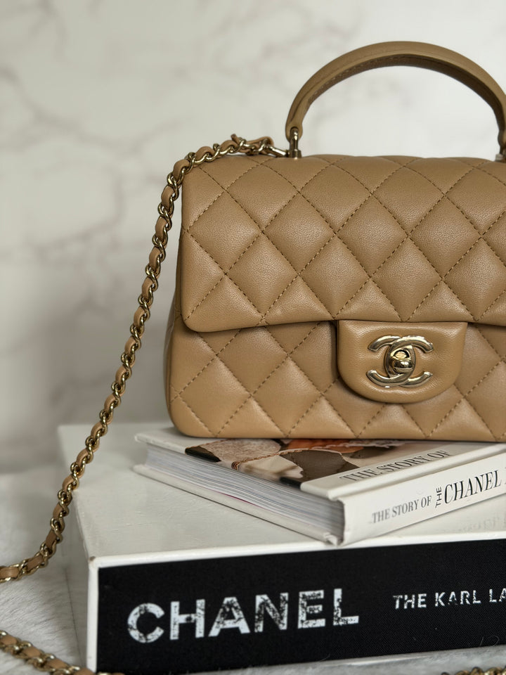 CHANEL Dark Beige Lambskin LGHW Mini Rectangular Flap Bag with Top Handle 2023