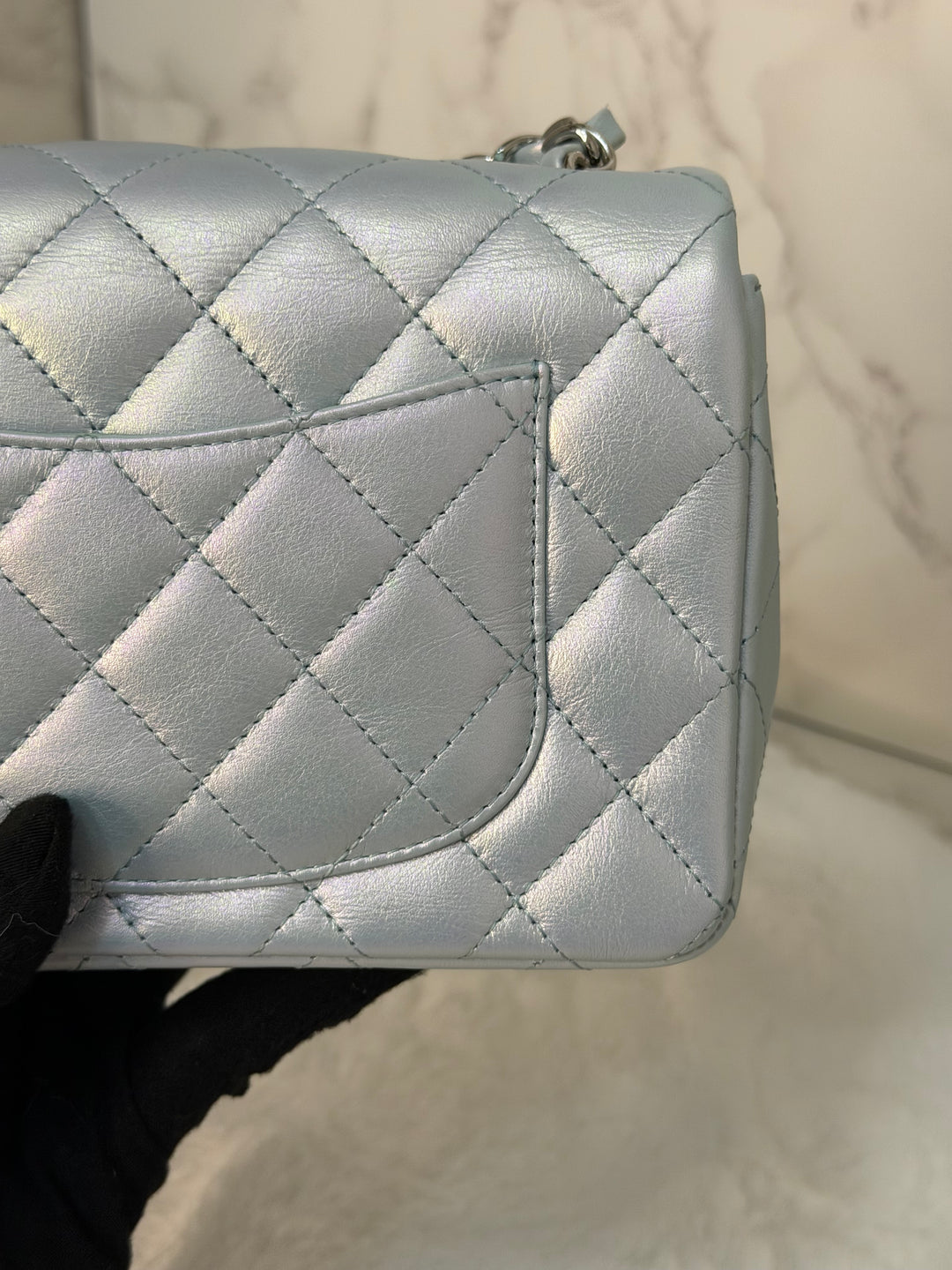 CHANEL 21K 2021 Iridescent light Blue Calf skin SHW Mini rectangular flap bag microchip