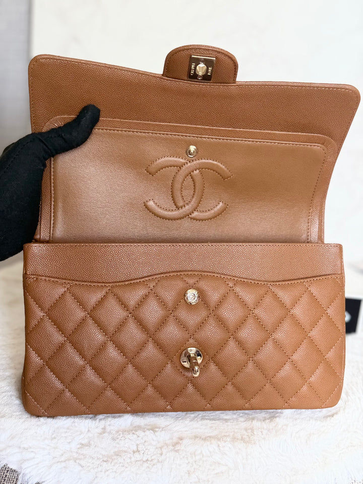 CHANEL 17C Brown Caramel Caviar LGHW Medium ML Timeless Classic Double Flap Bag 2016/2017