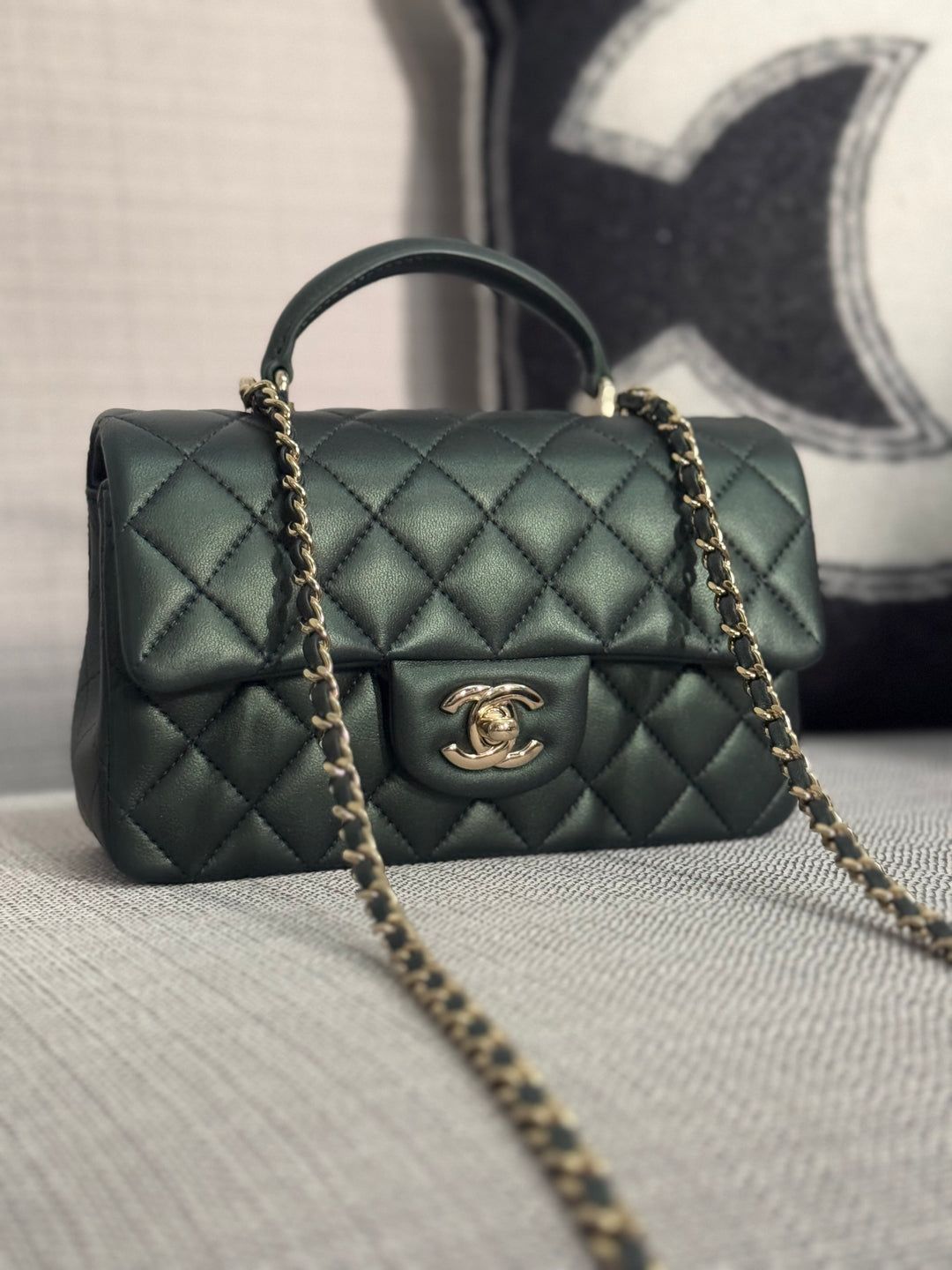 Chanel Iridescent Dark Green Lambskin Mini Rectangular Flap Bag with Top Handle and Champagne GHW