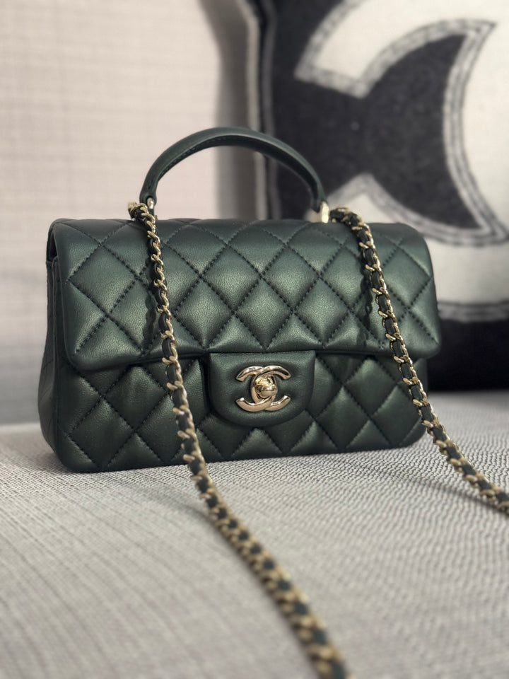 Chanel Iridescent Dark Green Lambskin Mini Rectangular Flap Bag with Top Handle and Champagne GHW