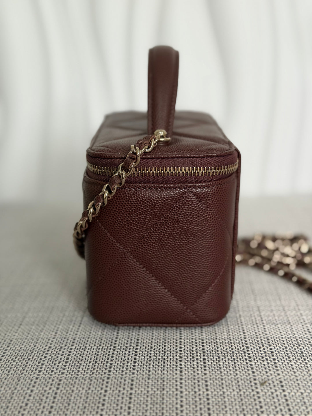 CHANEL 25K 2025 collection Brown Caviar LGHW Leather Top Handle Small Vanity with Chain