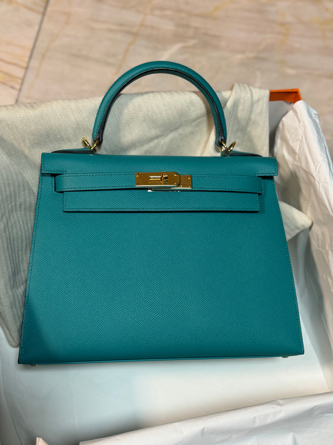 Hermes Kelly 28 Sellier Epsom Leather SO Bleu Paon GHW Stamp D 2019