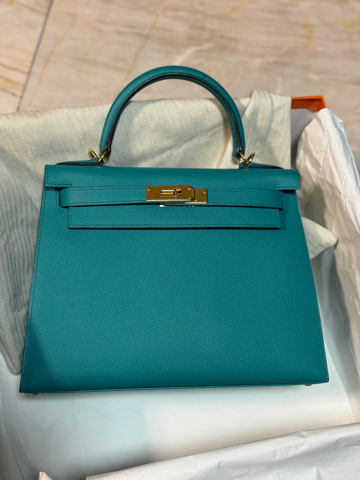 Hermes Kelly 28 Sellier Epsom Leather SO Bleu Paon GHW Stamp D 2019