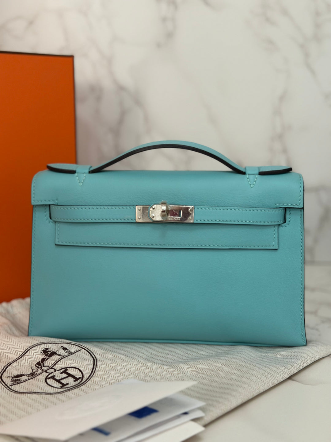 Hermès Kelly Pochette Swift Leather in Bleu Atoll 3P PHW Palladium Hardware Stamp T