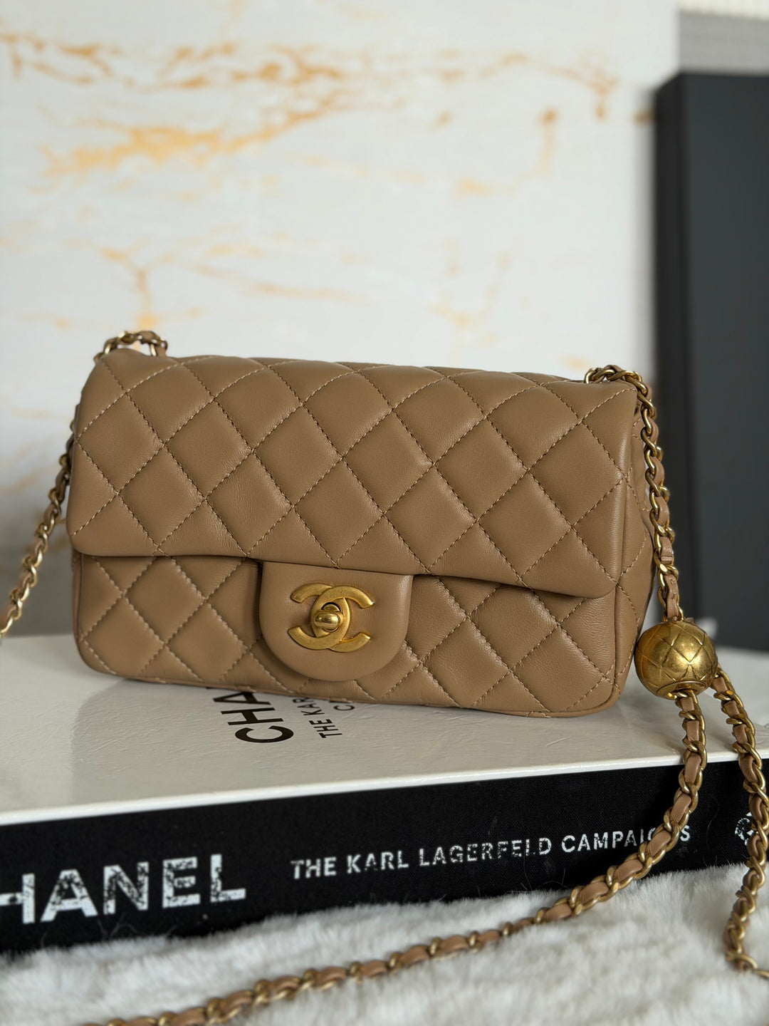 CHANEL 22B Taupe Dark Beige Lambskin Aged GHW Pearl Crush Adjustable Chain Mini Rectangular Flap Bag 2022