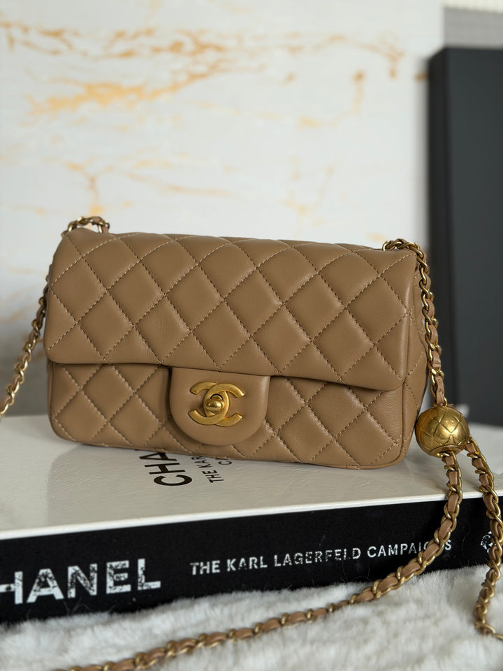 CHANEL 22B Taupe Dark Beige Lambskin Aged GHW Pearl Crush Adjustable Chain Mini Rectangular Flap Bag 2022